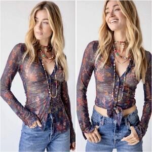 Natural Life Carina Sheer Mesh Top – Dark Floral Button Down – Size M